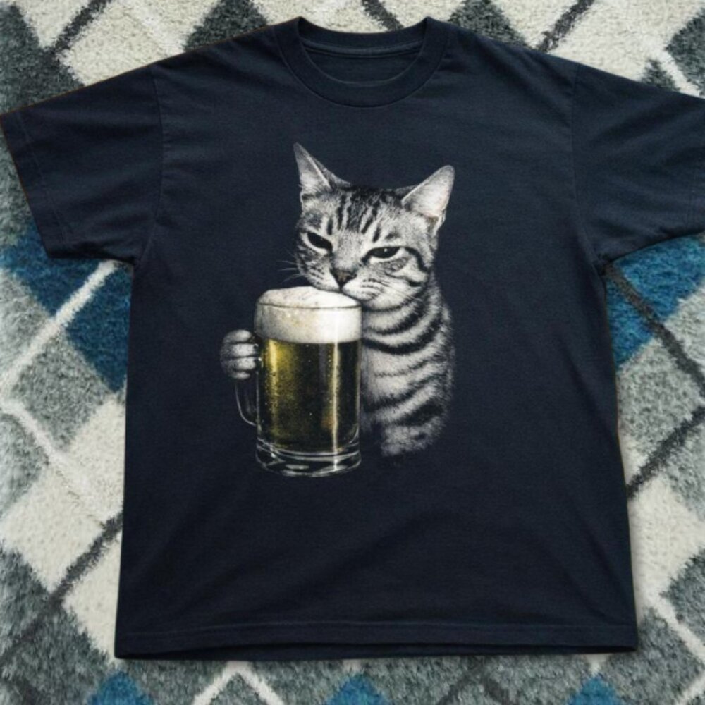 Funny Cat Drinking Beer Graphic Tee Black Meme Cat Shirt